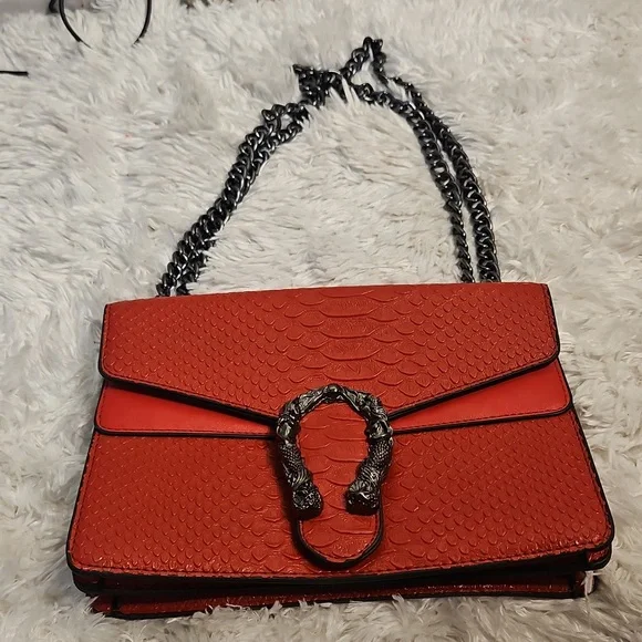 Red Snake Embossed Chain‎ Shoulder Bag Women's Fashion Clutch - Picture 6 of 15